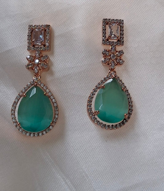 Rose Gold-Plated Green Teardrop Earrings with Sparkling CZ Accents