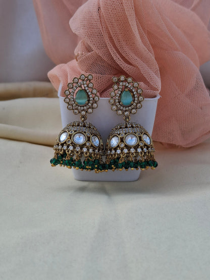 Gold-Plated Jhumka Earrings with Pastel Green, White, and Dark Green Stones