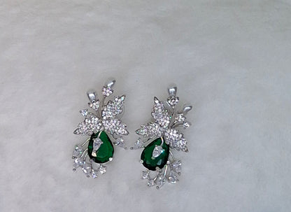 Silver-Tone Leaf Motif Earrings with Dark Green Drop