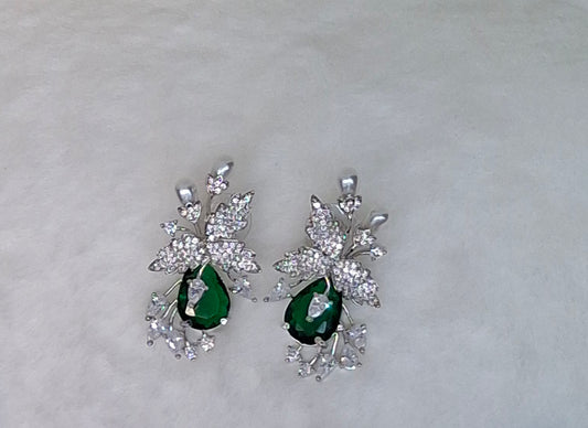Silver-Tone Leaf Motif Earrings with Dark Green Drop