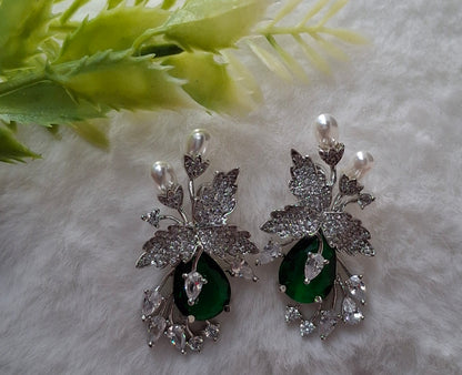 Silver-Tone Leaf Motif Earrings with Dark Green Drop