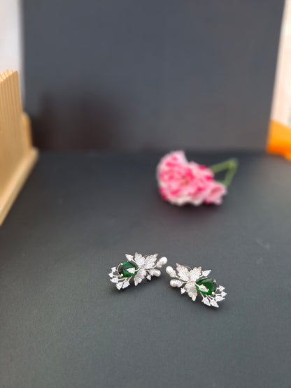Silver-Tone Leaf Motif Earrings with Dark Green Drop