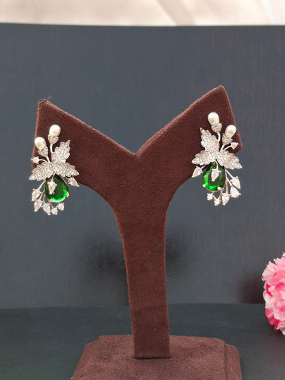 Silver-Tone Leaf Motif Earrings with Dark Green Drop