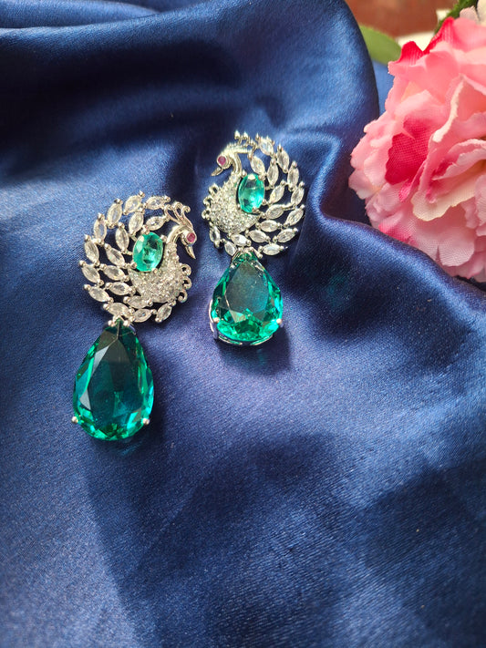 Elegant Silver Peacock Earrings with Emerald Green Drops