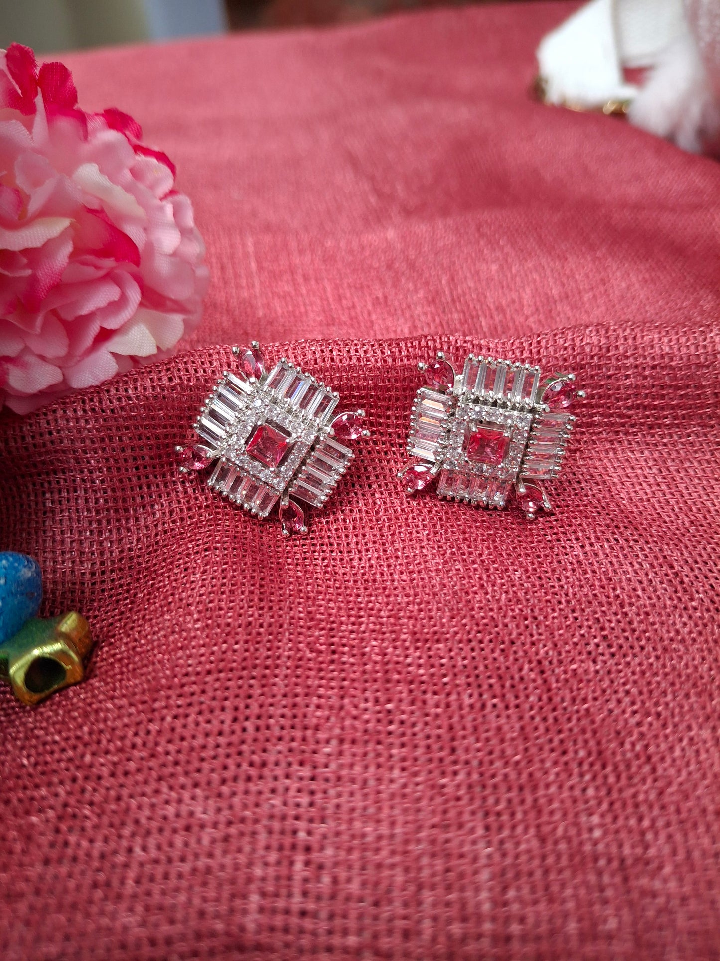 Silver-Plated Pink Crystal Stud Earrings
