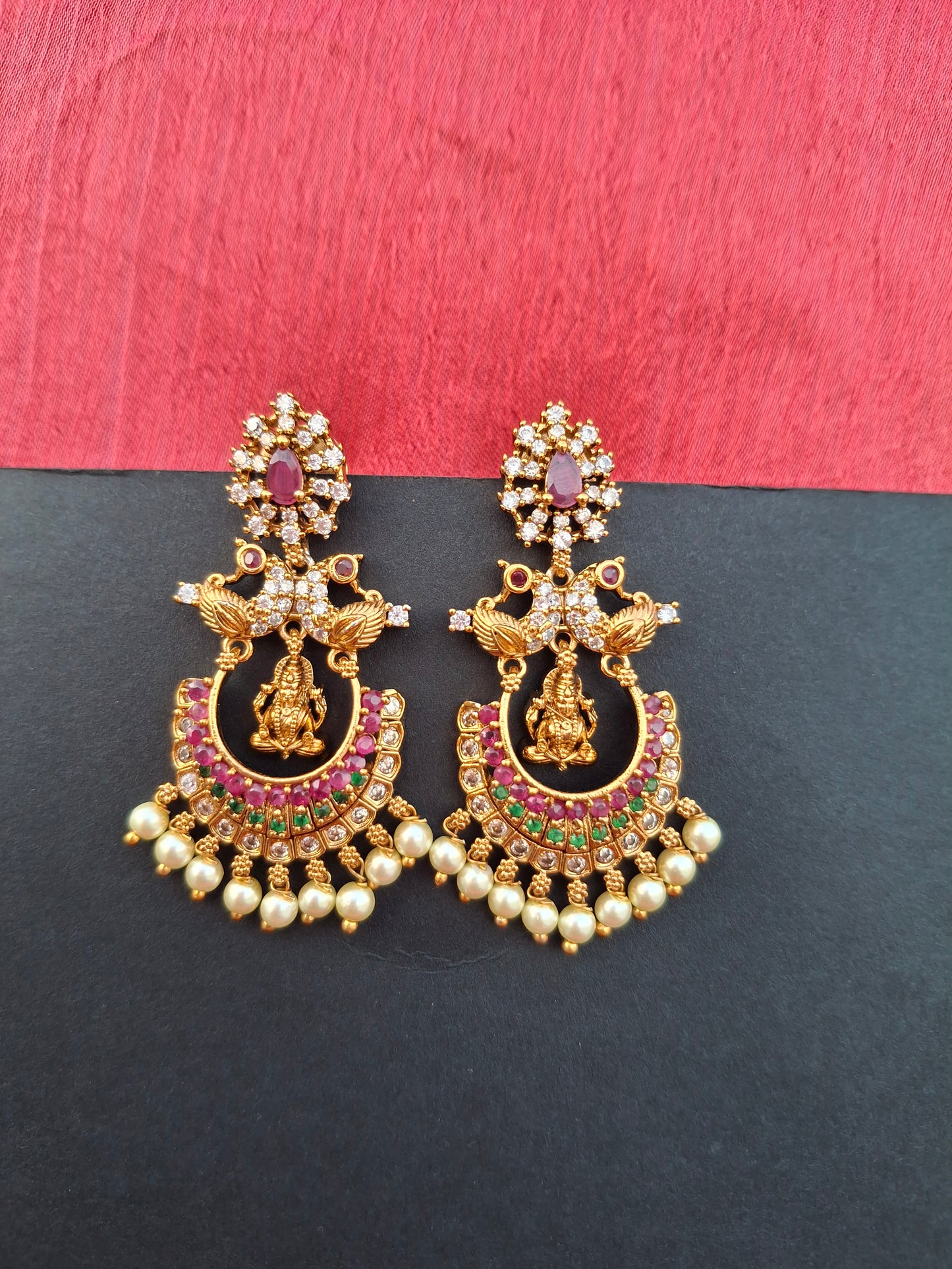 Divine Lakshmi Temple Earrings with Ruby & Pearl Detailing