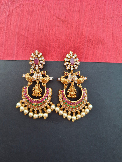 Divine Lakshmi Temple Earrings with Ruby & Pearl Detailing