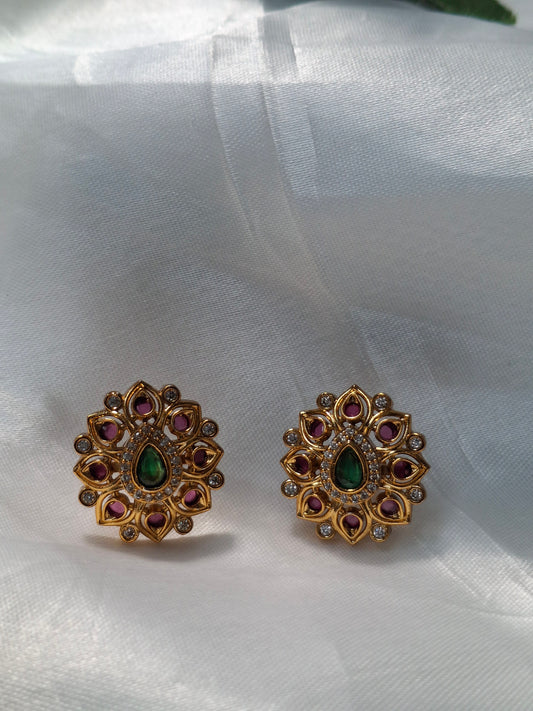 Gold-Plated Floral Stud Earrings with Green Centerpiece