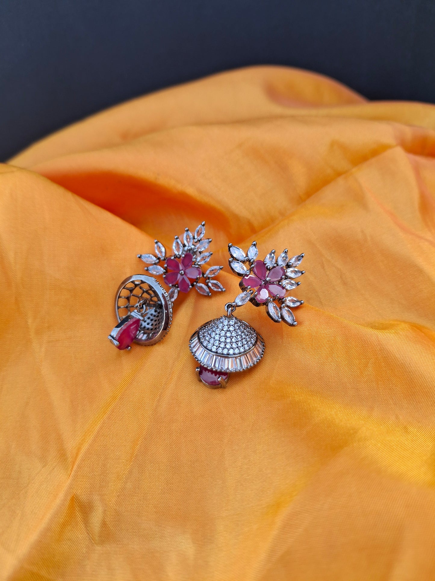 Blossom Shine oxidised Earrings with Ruby Droplet Charm