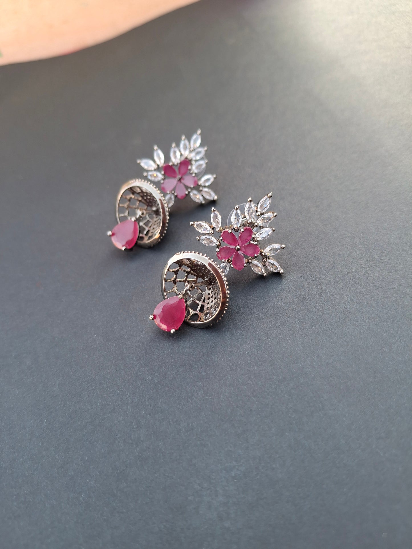 Blossom Shine oxidised Earrings with Ruby Droplet Charm