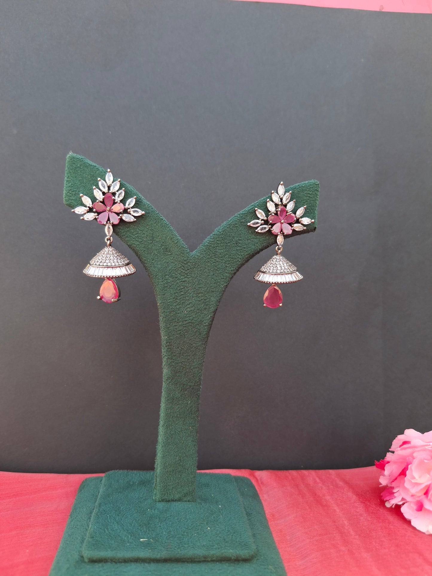 Blossom Shine oxidised Earrings with Ruby Droplet Charm