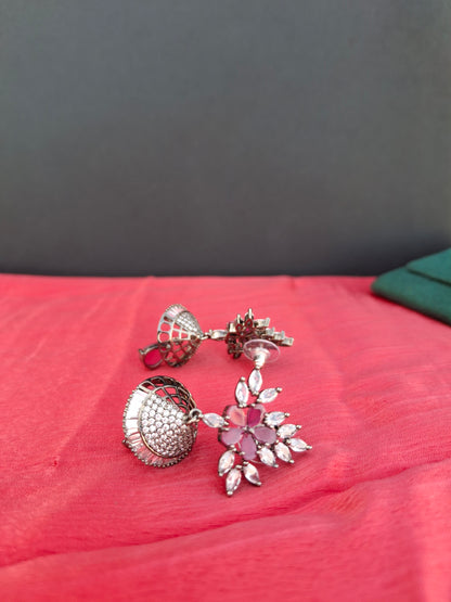 Blossom Shine oxidised Earrings with Ruby Droplet Charm