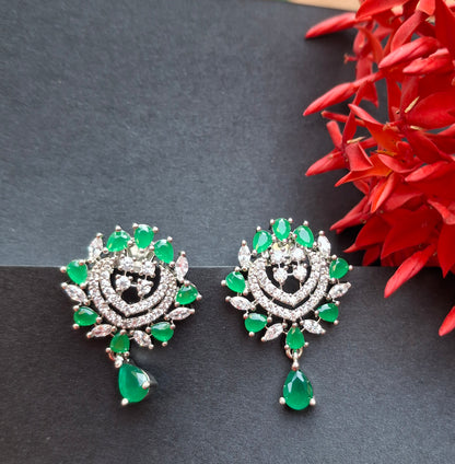 Emerald Radiance Silver-Toned Earrings
