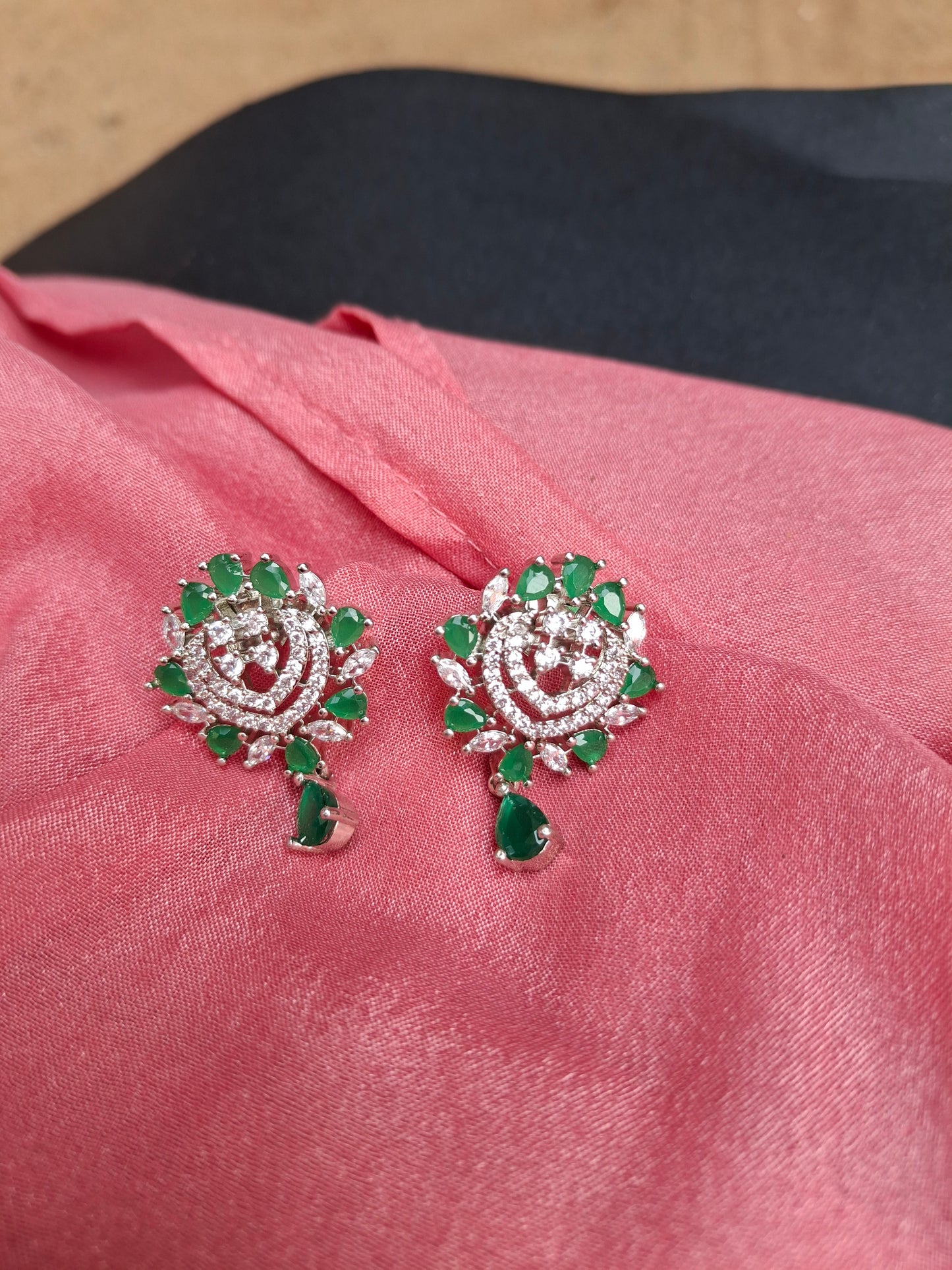 Emerald Radiance Silver-Toned Earrings