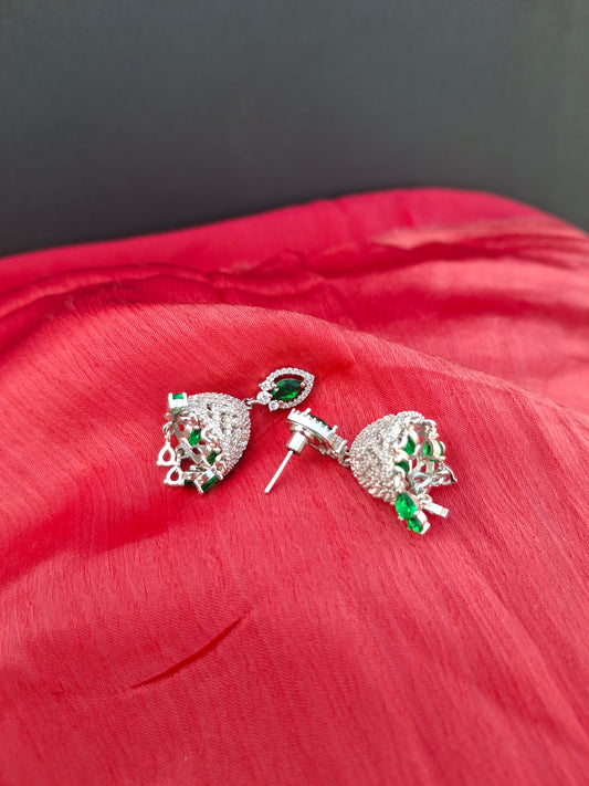Silver-Plated Crystal Jhumkas with Emerald Green Drops