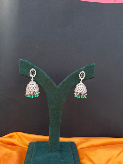 Silver-Plated Crystal Jhumkas with Emerald Green Drops