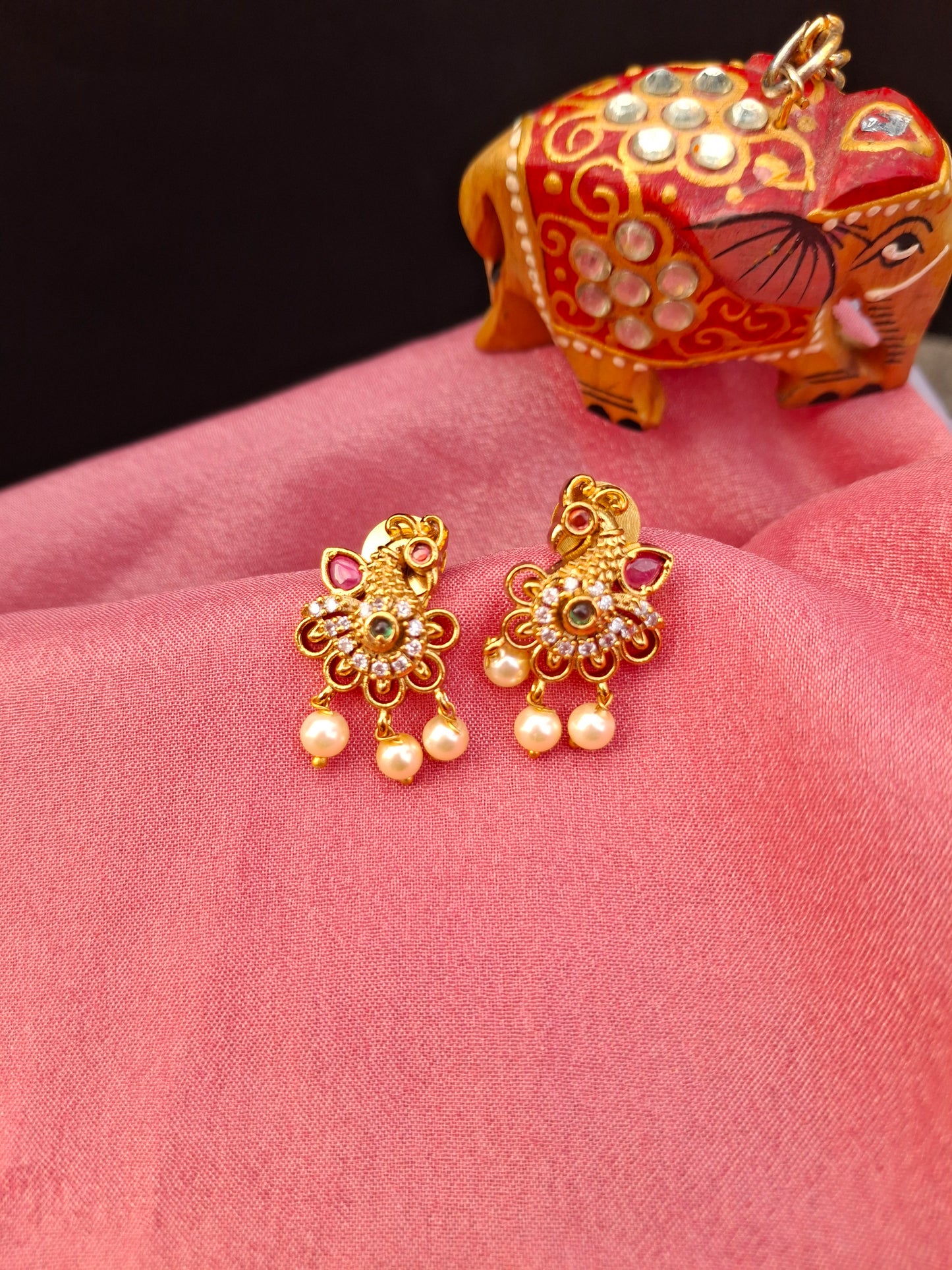 Traditional Gold Plated Peacock Design Earrings with Pearl Drops