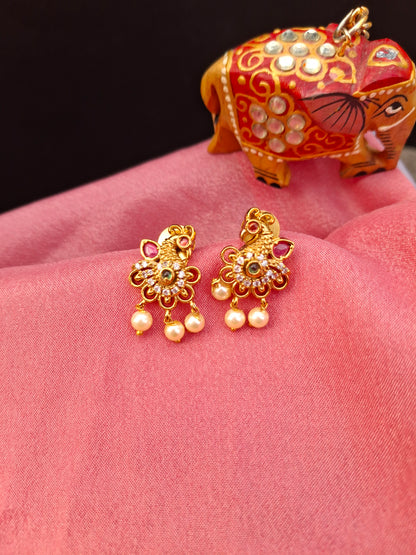 Traditional Gold Plated Peacock Design Earrings with Pearl Drops