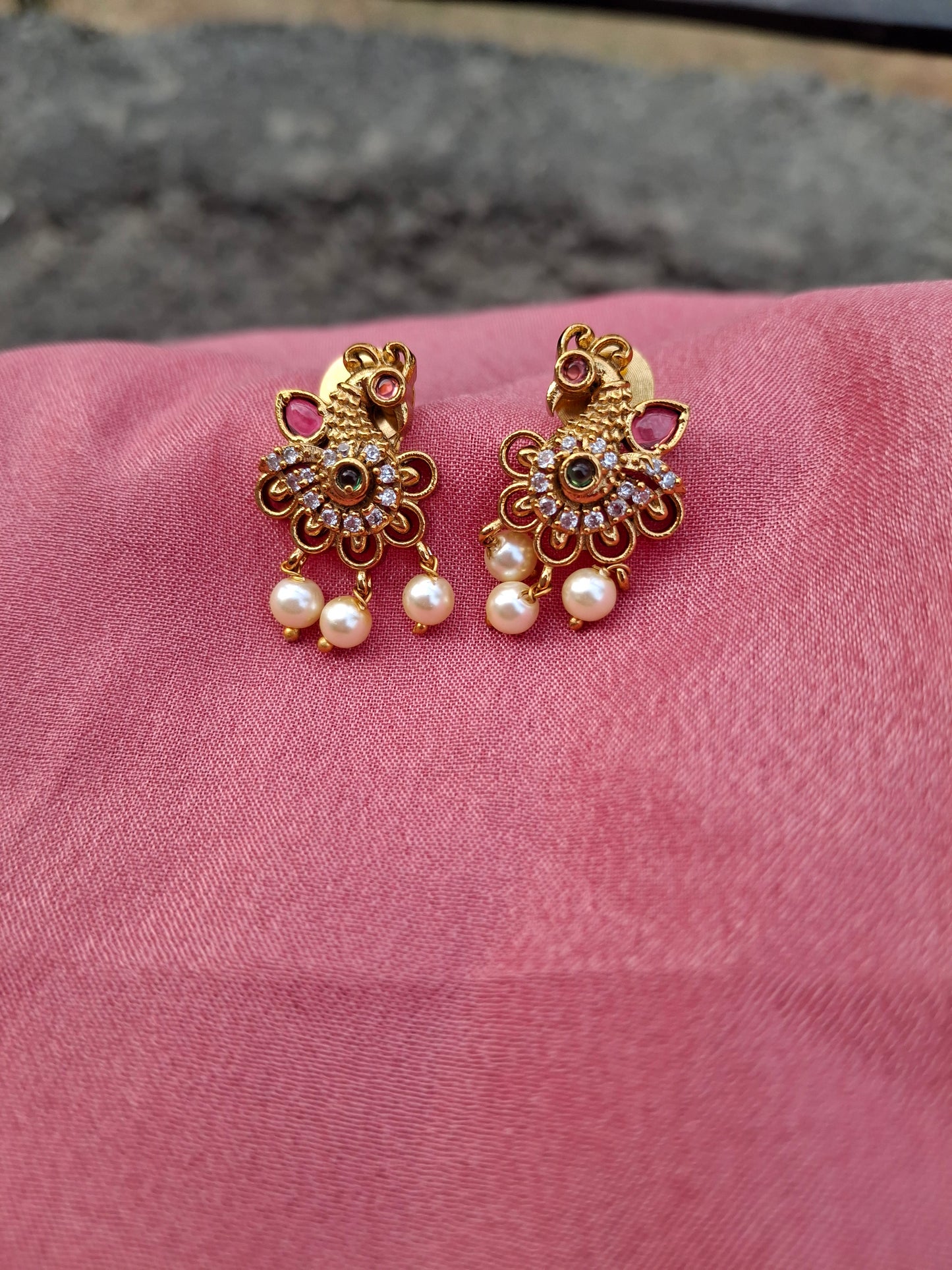 Traditional Gold Plated Peacock Design Earrings with Pearl Drops