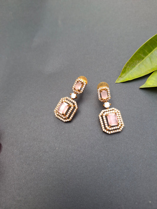 Gold-Plated Geometric Drop Earrings with Pink Stone Accents