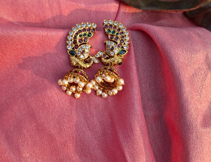 Gold-Plated Peacock Jhumka Earrings with Pearl Drops