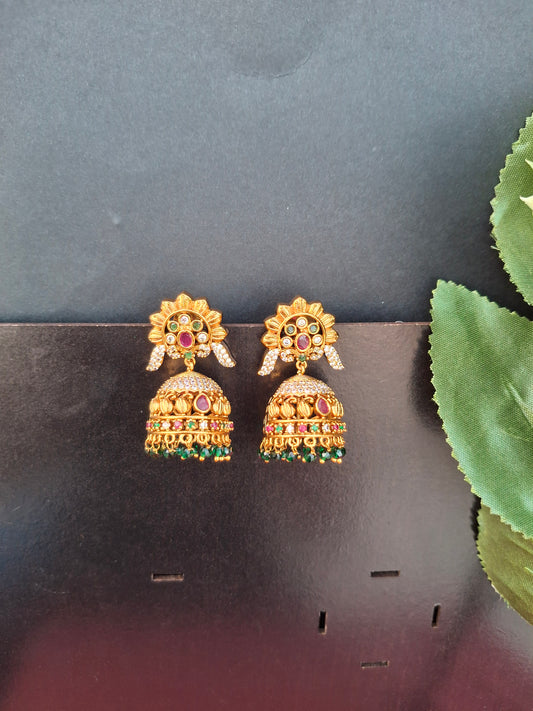 Floral Temple Jhumkas with Ruby & Emerald Beads