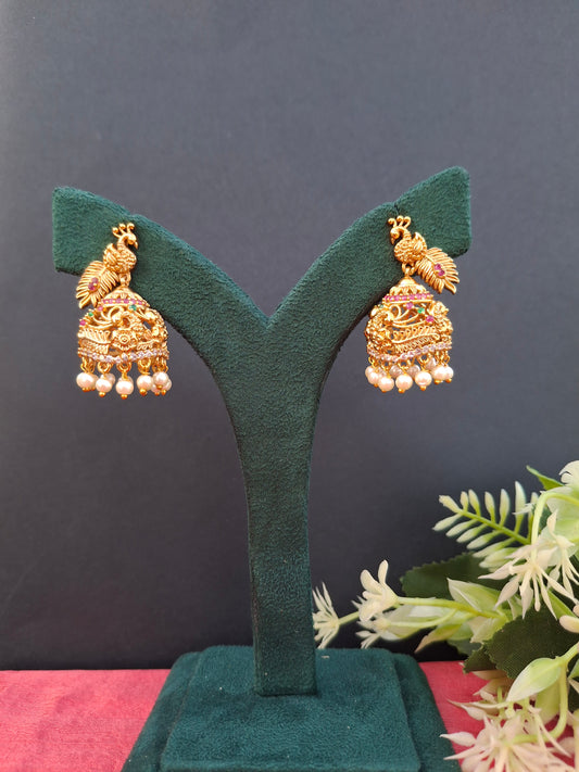 Peacock Design Antique Jhumkas with Pearl Drops