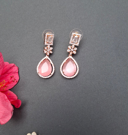 Elegant Rose Gold Drop Earrings with Teardrop Pink Stone