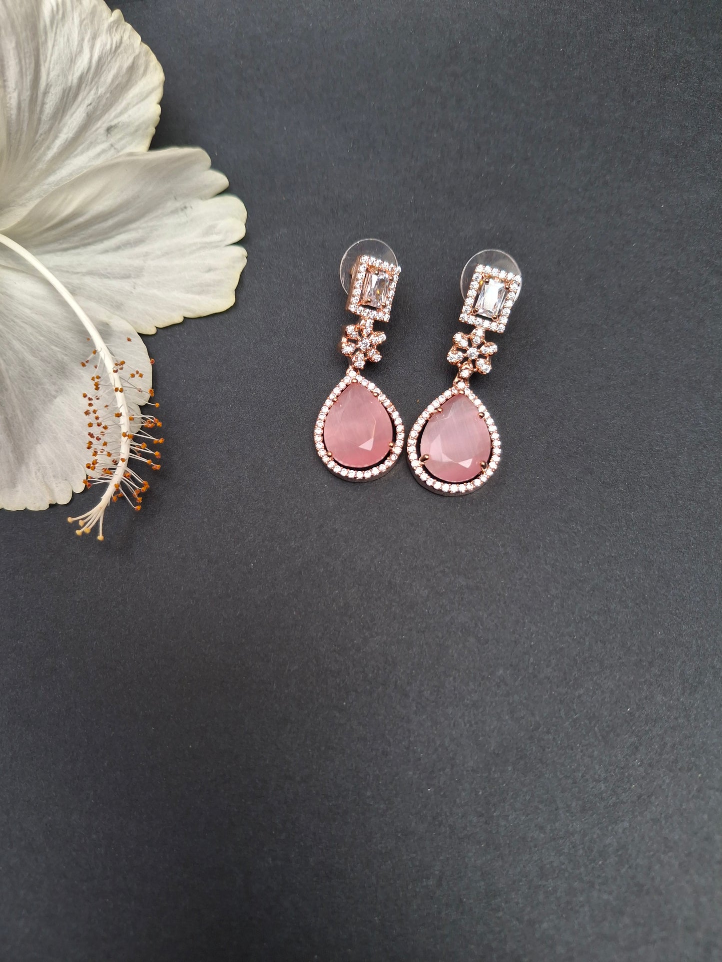 Elegant Rose Gold Drop Earrings with Teardrop Pink Stone