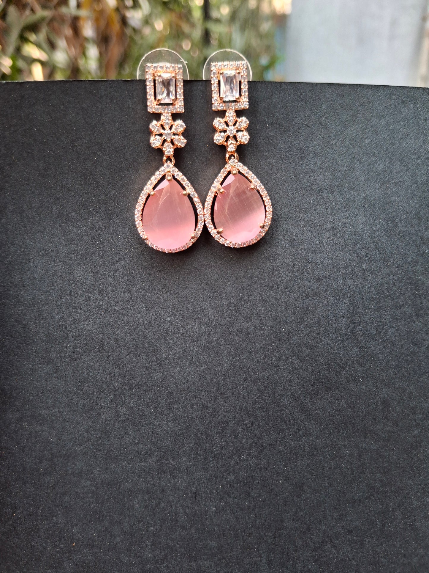 Elegant Rose Gold Drop Earrings with Teardrop Pink Stone