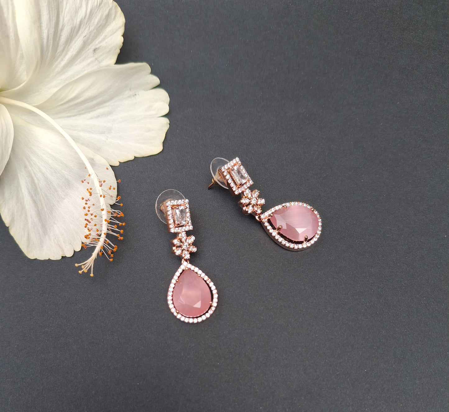 Elegant Rose Gold Drop Earrings with Teardrop Pink Stone