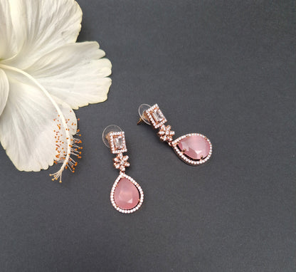 Elegant Rose Gold Drop Earrings with Teardrop Pink Stone