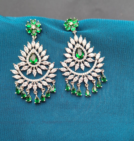 Silver-Plated Green and White Stone Chandbali Earrings