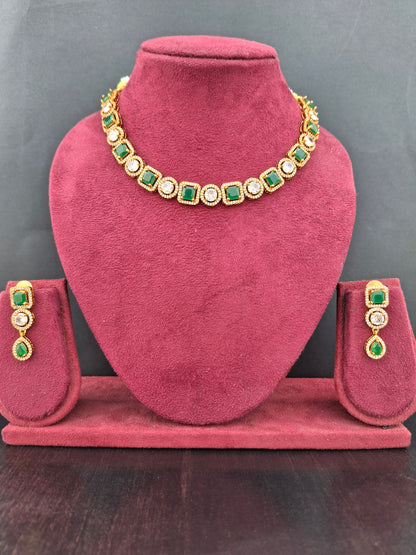 Elegant Green and White Kundan Necklace Set