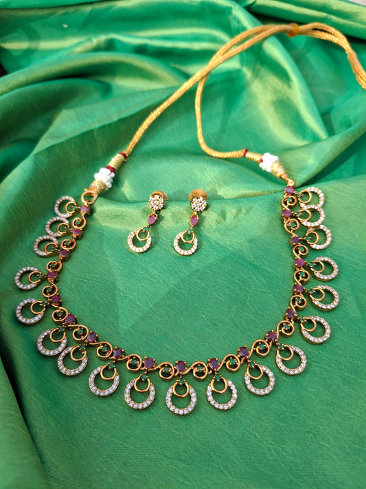 Elegant Gold-Tone Stone-Studded Necklace Set with Earrings