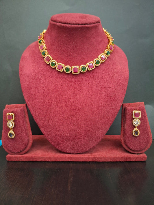 Royal Pink & Emerald Green Kundan Necklace Set