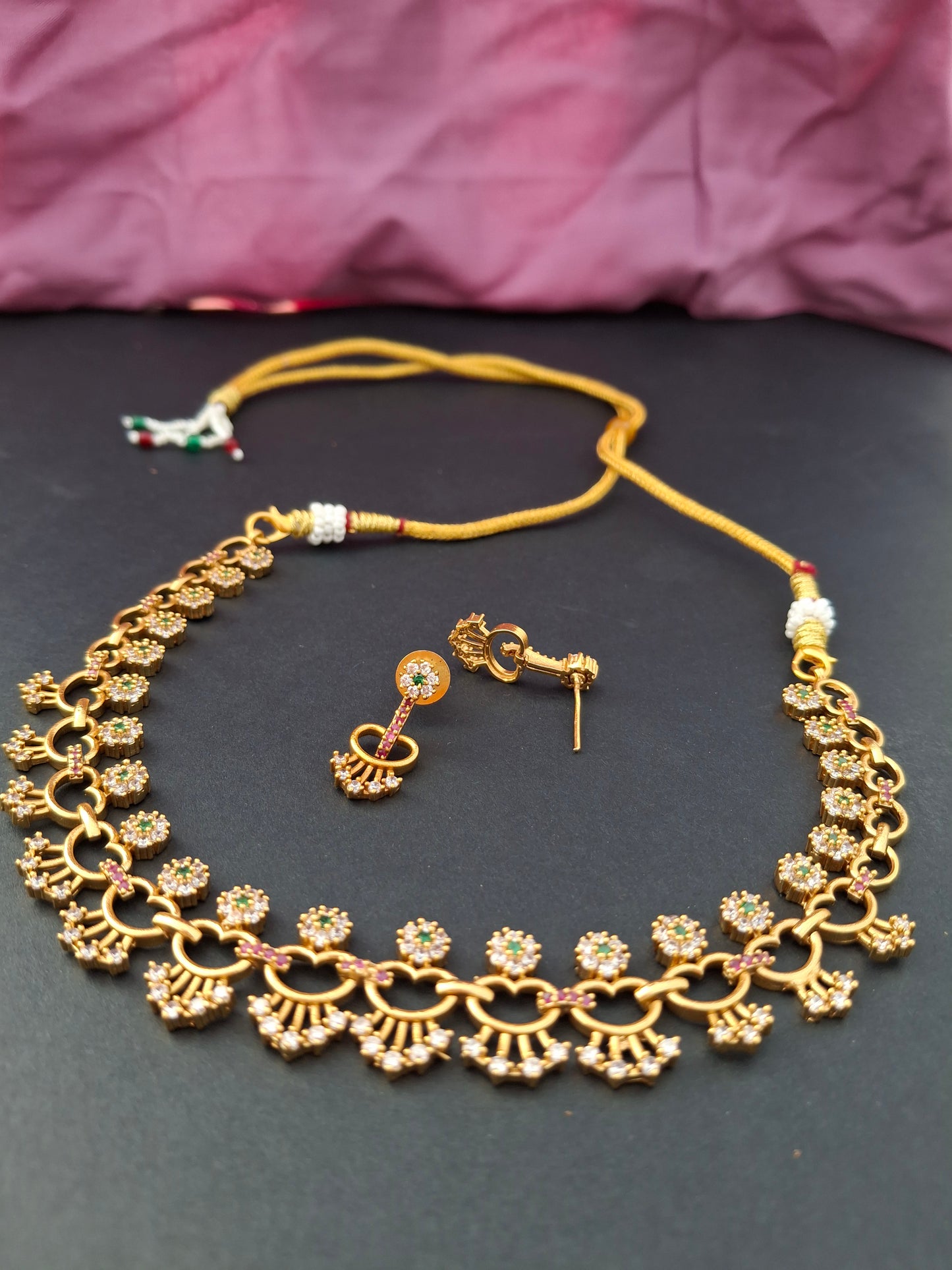 Elegant Heart-Link AD Necklace Set with Green & Pink Accents