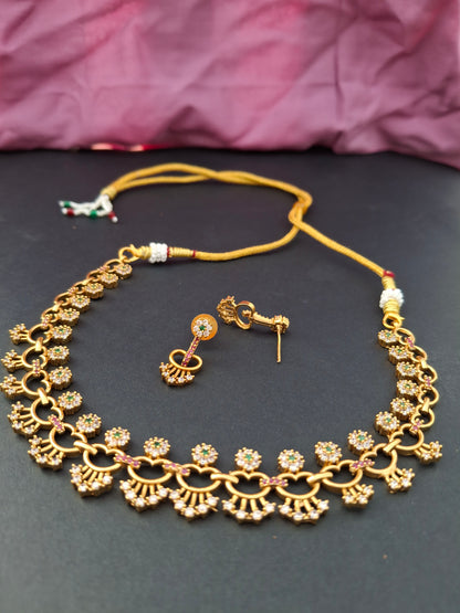 Elegant Heart-Link AD Necklace Set with Green & Pink Accents