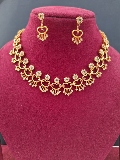 Elegant Heart-Link AD Necklace Set with Green & Pink Accents