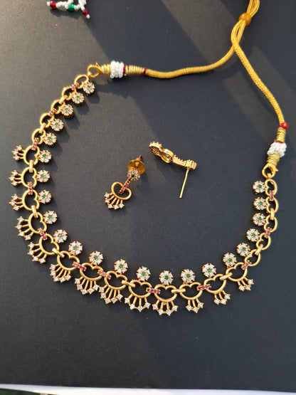 Elegant Heart-Link AD Necklace Set with Green & Pink Accents