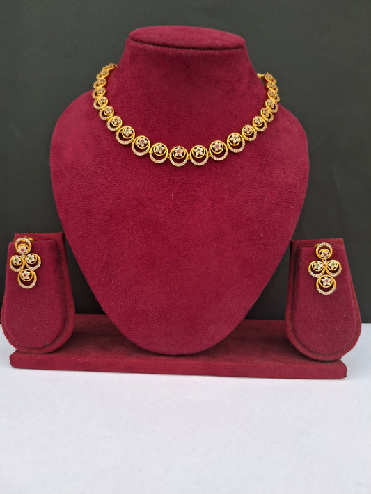 Classic Round Motif Gold-Plated AD Necklace Set with Floral Earrings