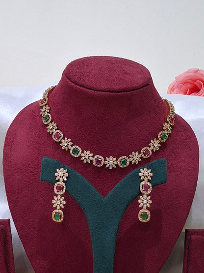 Dual-Tone Sparkle Floral Stone Necklace Set