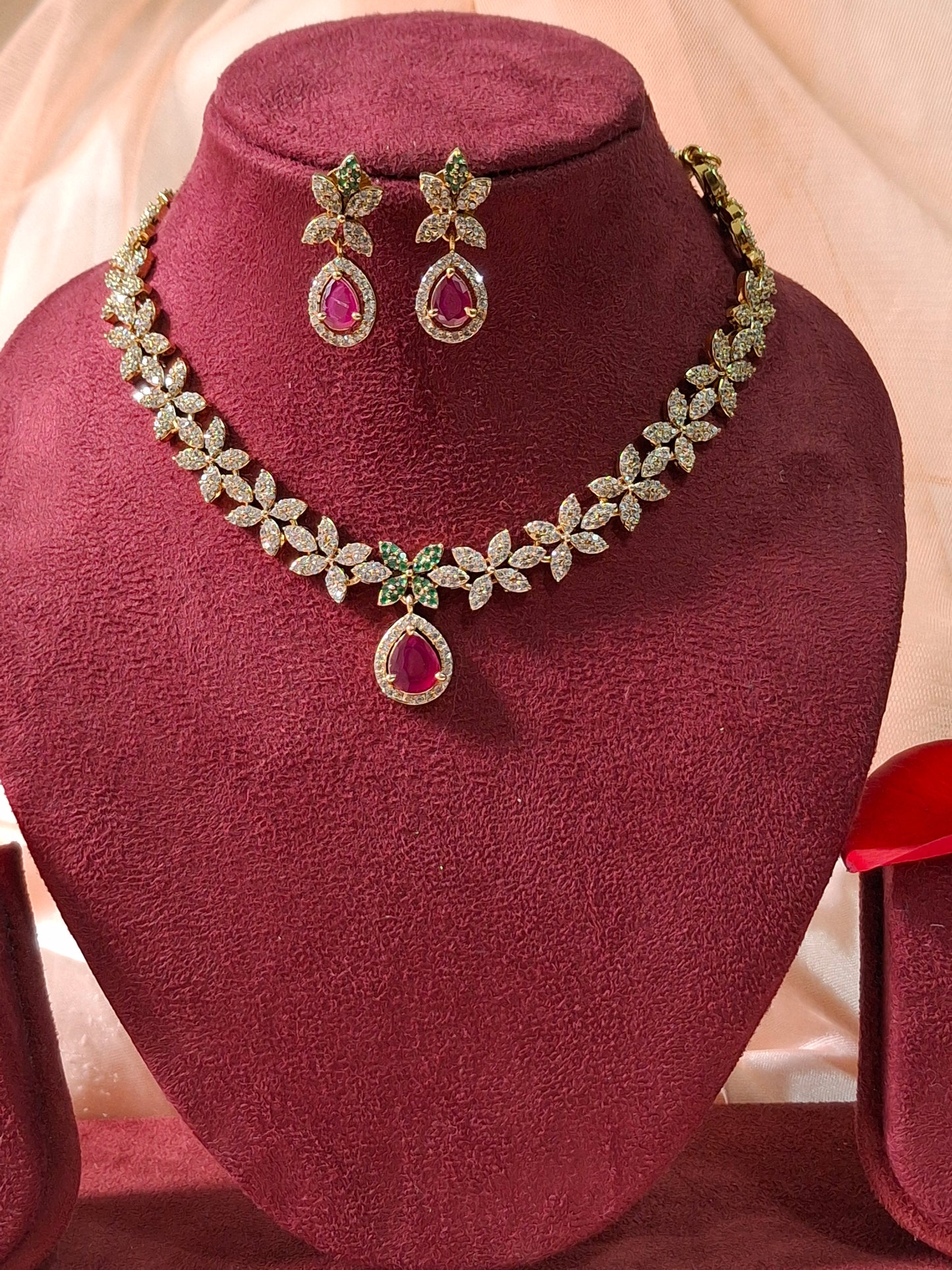 Pink Kundan Stone Floral Necklace Set