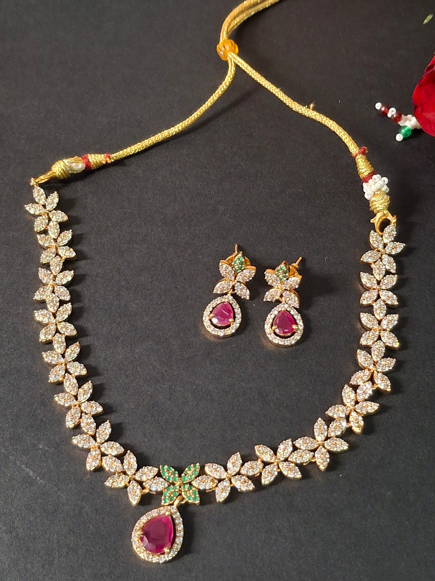 Pink Kundan Stone Floral Necklace Set