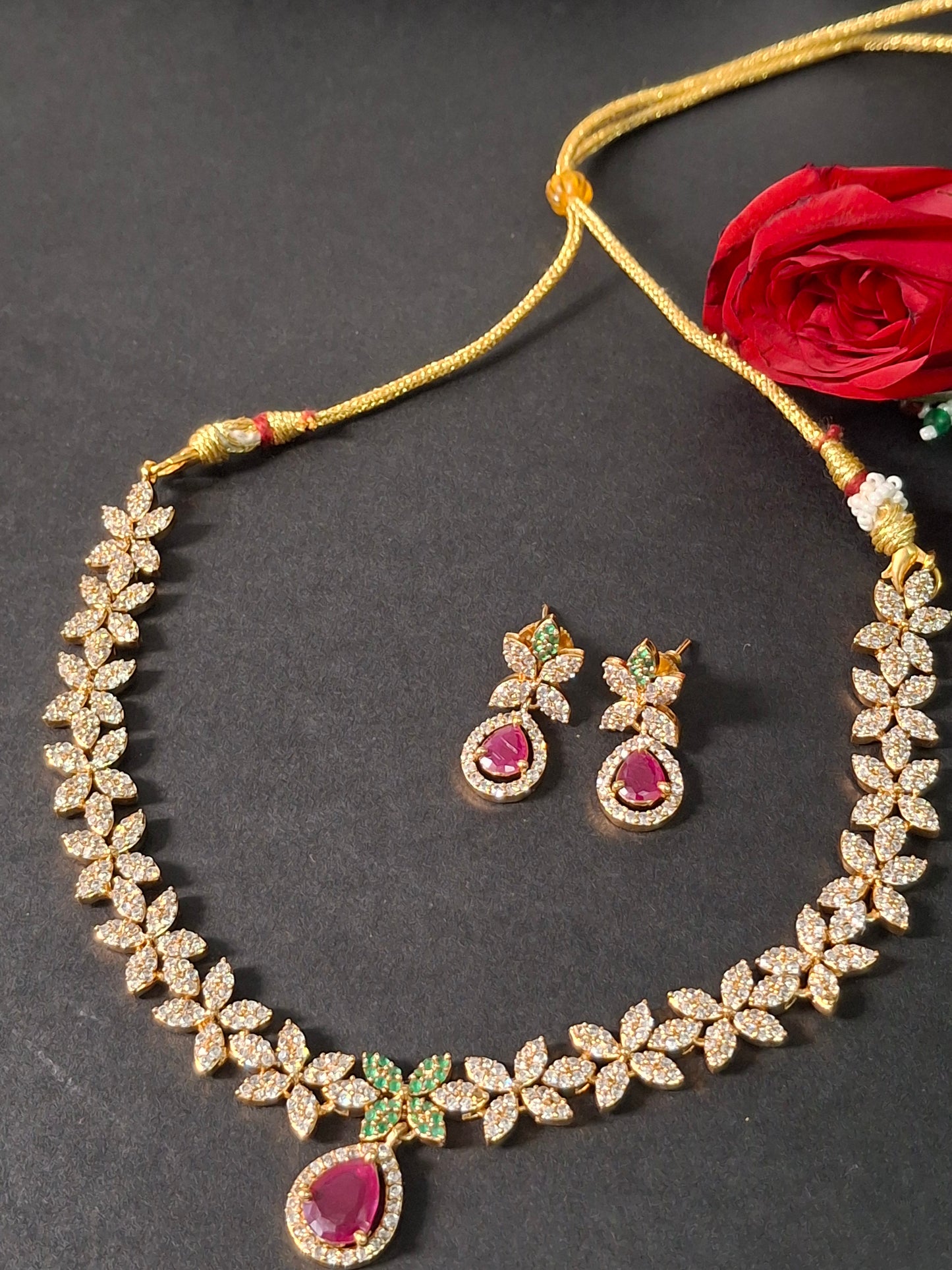 Pink Kundan Stone Floral Necklace Set