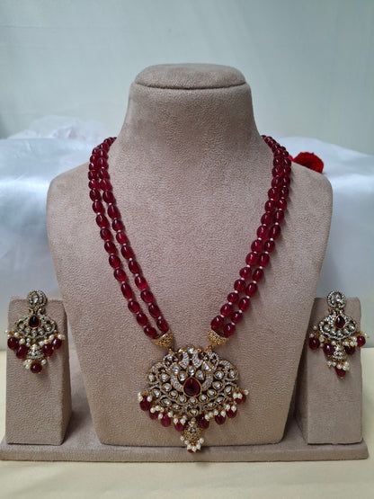 C13 Red Beaded Double-Strand Necklace Set with Kundan Pendant