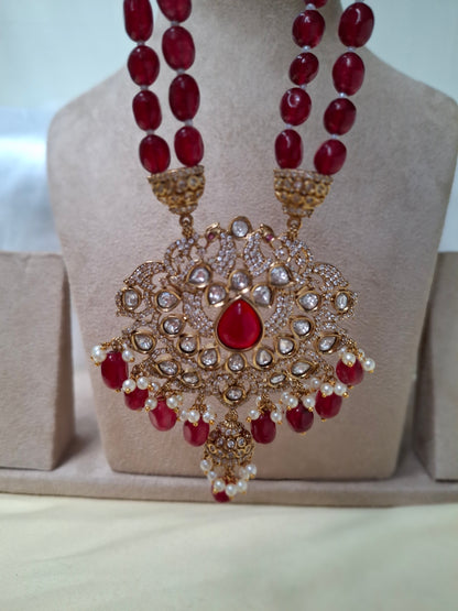 C13 Red Beaded Double-Strand Necklace Set with Kundan Pendant