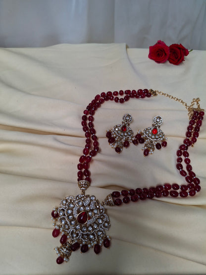 C13 Red Beaded Double-Strand Necklace Set with Kundan Pendant