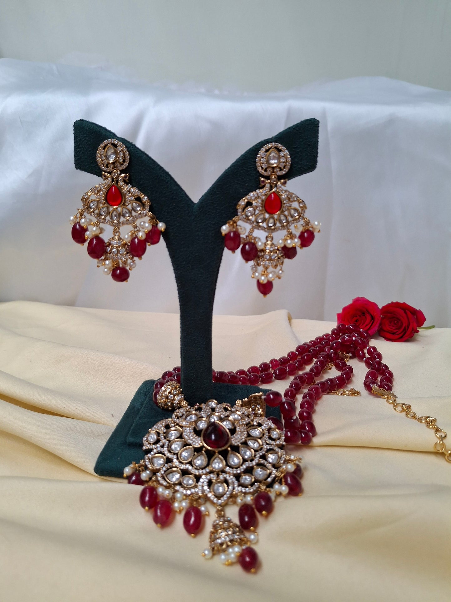 C13 Red Beaded Double-Strand Necklace Set with Kundan Pendant