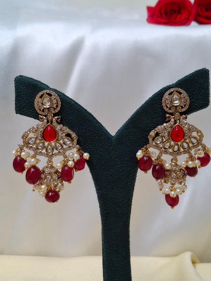 C13 Red Beaded Double-Strand Necklace Set with Kundan Pendant